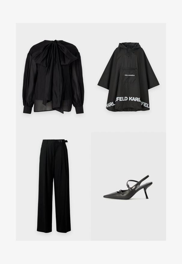 Juodas vandeniui atsparus pončas su kapišonu, turintis priekinę kišenę ir baltus logotipus palei apvadu. Lygus, lengvas audinys.; Juoda bluzonė su permatoma medžiaga, pūstomis rankovėmis ir dideliu kaspinu nugaroje. Turi apvalią iškirptę ir prigludusius rankogalius.; Juodos plačios kojų kelnės su aukštu liemeniu, priekinėmis klostėmis ir diržu su sagtimi. Pagamintos iš lygaus, lengvo audinio.; Juodi odiniai slingback kulniukai su smailiu pirštu, siauru kulnu ir dekoratyvine sagtimi viršuje. Lygus paviršius ir elegantiškas dizainas.