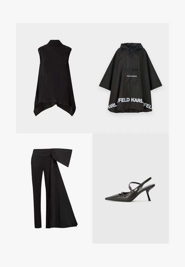 Must mustes ponšo koos kapuutsi ja esikotiga, millel on valge logo detailid äärisel. Sile ja kerge materjal.; Must mustriga blouse ilma varrukateta, struktureeritud krae, voolav kangas ja asümmeetriline alumine serv. Sile tekstuur ja lihtne, elegantne disain.; Mustad püksid laia, rippuva paela detailiga taljes. Sile kangas, sirge sääre lõige ja volditud talje.; Must musta slingback kontsad, terava nina, peenike konts ja dekoratiivne pandla detail peal. Sile tekstuur ja stiilne disain.