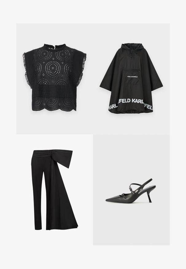 Poncho nero impermeabile con cappuccio, dotato di una tasca frontale e dettagli in logo bianco lungo l'orlo. Materiale liscio e leggero.; Blusa nera con collo alto e maniche a volant. Presenta intricati motivi ritagliati e un design leggermente accorciato. Tessuto testurizzato.; Pantaloni neri con un ampio dettaglio a fascia drappeggiata in vita. Tessuto liscio, taglio dritto e cintura plissettata.; Scarpe slingback nere in pelle con punta affilata, tacco sottile e dettaglio decorativo a fibbia sulla tomaia. Texture liscia e design elegante.