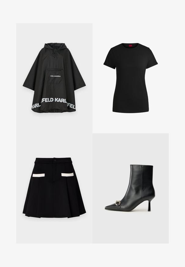 Schwarzer wasserdichter Poncho mit Kapuze, ausgestattet mit einer Fronttasche und weißen Logodetails am Saum. Glattes, leichtes Material.; Schwarzes Baumwoll-T-Shirt mit kurzen, aufgerollten Ärmeln, rundem Halsausschnitt und rotem Etikett. Glatte Textur, taillierte Form mit minimalen Details.; Schwarze Rock mit ausgestellt Design, ausgestattet mit zwei vorderen Taschen mit weißen Akzenten, einem Knopfverschluss und einer glatten Stofftextur.; Schwarze Leder-Stiefelette mit spitzer Zehe, schlankem, mittelhohem Absatz und silberner Schnalle seitlich vor einem schlichten Hintergrund.