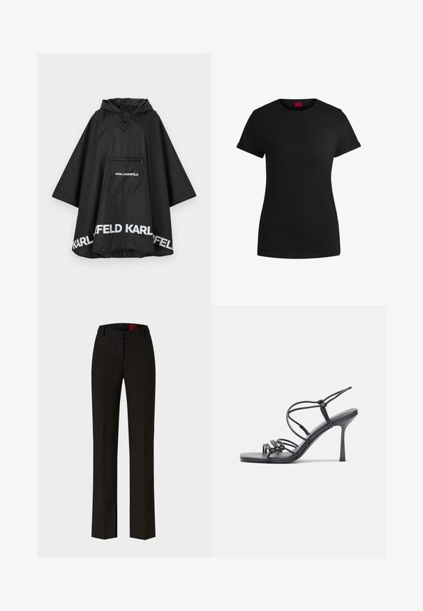 Must mustes ponšo koos kapuutsi ja esikotiga, millel on valge logo detailid äärisel. Sile ja kerge materjal.; Must must t-särk lühikeste keeratud varrukatega, ümmarguse kaeluse ja punase etiketiga. Sile tekstuur, sobiv kuju minimaalsete detailidega.; Mustad lõikega mustad püksid sirge säärega ja vöökohtadega, millel on õrn korts esipool ja silt nähtav vöökoha seest.; Mustad musta värvi kontsandaalid on varustatud peente rihmadega, millel on sõlmekujundus, siledad ruudukujulised varbad ja stiilne stilettokonts.