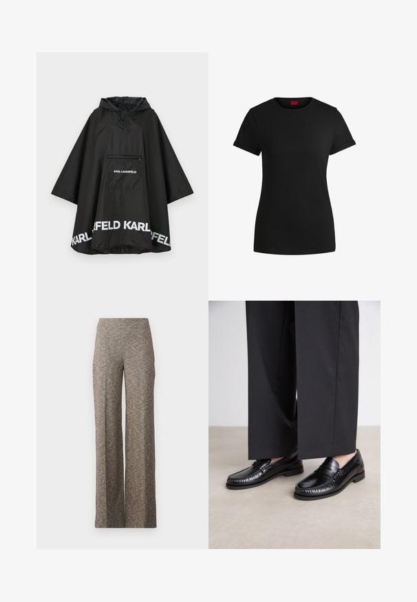 Svart vattentät poncho med huva, som har en framficka och vit logotypdetalj längs nederkanten. Slätt, lätt material.; Svart bomullströja med korta rullade ärmar, rund halsringning och en röd etikett. Slät textur, figursydd form med minimalt detaljer.; Bredbenta byxor i ett strukturerat brunt tyg med ett subtilt fiskbensmönster. Elastisk midja för komfort, rak ben-design.; Svarta läderskor med en slät yta, stickad detalj runt tån och en låg gummisula. I kombination med breda svarta byxor.