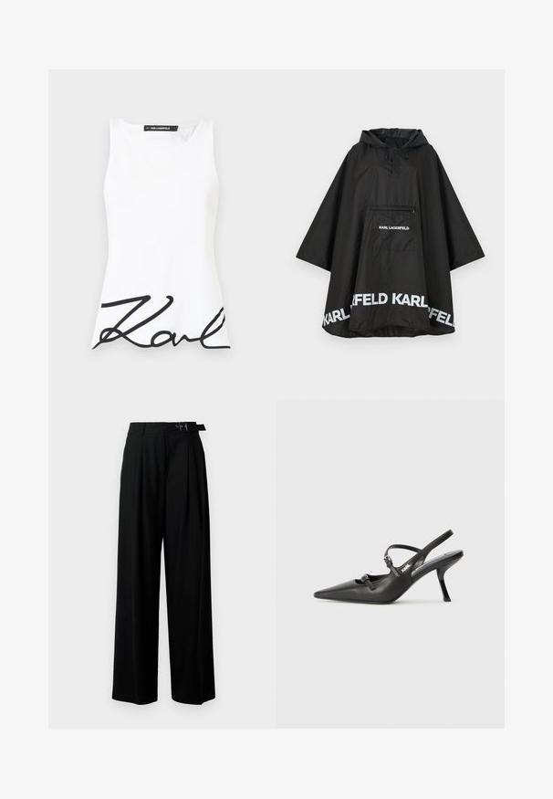 Svart vanntett poncho med hette, med en frontlomme og hvit logo detaljering langs kanten. Glatt, lett materiale.; Hvit ermeløs topp med rund hals, prydet med en fremtredende svart kursiv "Karl"-logo over den nedre fronten. Glatt stoffoverflate.; Svarte vide bukser med høy livlinje, folder foran og belte med spenne. Laget av glatt, lett materiale.; Sorte skinn slingback-hæler med spiss tå, slank hæl og dekorativ spenne detalj på vampsiden. Glatt tekstur og stilrent design.