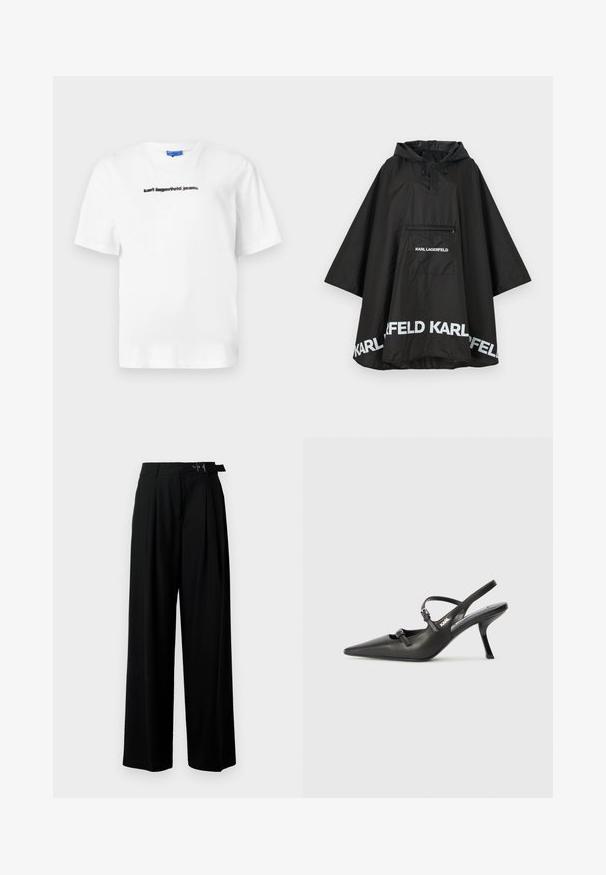 Juodas vandeniui atsparus pončas su kapišonu, turintis priekinę kišenę ir baltus logotipus palei apvadu. Lygus, lengvas audinys.; Balta medvilnės marškinėliai su apvalia iškirpte ir trumpomis rankovėmis. Priekyje yra juodu spaudos tekstu: "karl lagerfeld jeans." Lygus paviršius.; Juodos plačios kojų kelnės su aukštu liemeniu, priekinėmis klostėmis ir diržu su sagtimi. Pagamintos iš lygaus, lengvo audinio.; Juodi odiniai slingback kulniukai su smailiu pirštu, siauru kulnu ir dekoratyvine sagtimi viršuje. Lygus paviršius ir elegantiškas dizainas.