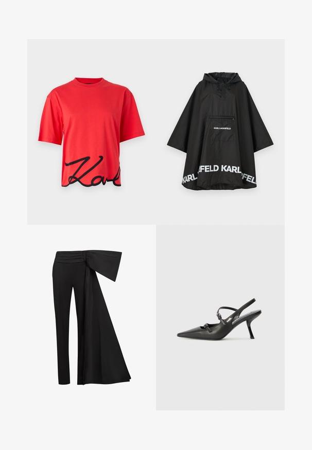 Musta vedenpitävä poncho hupulla, jossa on etutasku ja valkoista logoa helmassa. Sujuva, kevyt materiaali.; Punainen puuvillapaita, jossa on lyhyet hihat, ja jonka alaosassa on musta kursiivilla oleva logodesign. Yksinkertainen pyöreä pääntie.; Musta housut, joissa on leveä, roikkunut vyöyksikkö vyötäröllä. Sujuva kangas, suora lahkeiden leikkaus ja laskostettu vyötärönauha.; Mustat nahkaiset slingback-korkokengät, joissa on terävä kärki, hoikka korko ja koristeellinen solkityyny varpailla. Tasainen pinta ja tyylikäs muotoilu.