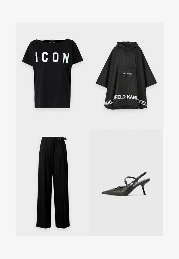 Poncho nero impermeabile con cappuccio, dotato di una tasca frontale e dettagli in logo bianco lungo l'orlo. Materiale liscio e leggero.; T-shirt in cotone nero con scollatura ampia e maniche corte. Bold lettering "ICON" in bianco sulla parte anteriore. Retro semplice. Texture morbida.; Pantaloni neri a gamba larga con vita alta, pieghe nella parte anteriore e una cintura con fibbia. Realizzati in tessuto liscio e leggero.; Scarpe slingback nere in pelle con punta affilata, tacco sottile e dettaglio decorativo a fibbia sulla tomaia. Texture liscia e design elegante.