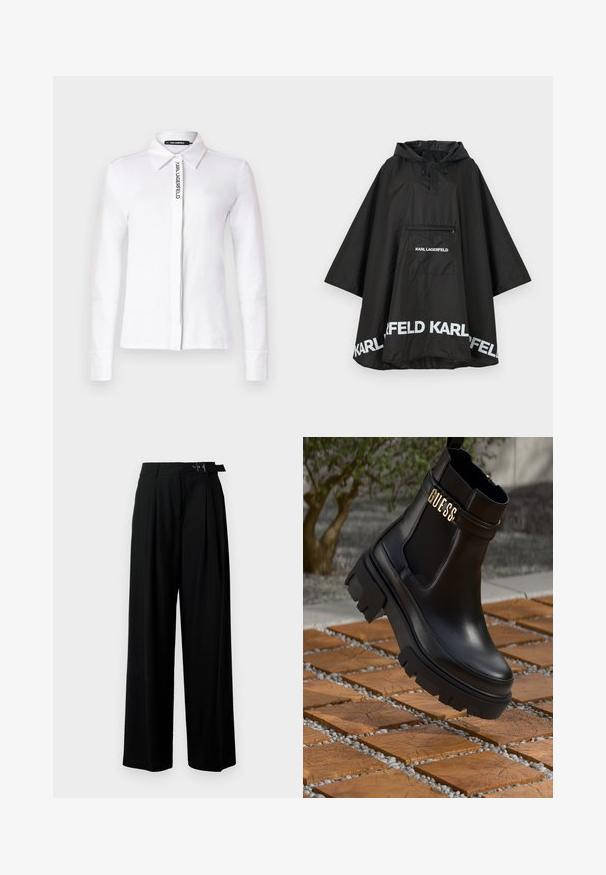 Fekete vízálló poncsó kapucnival, elülső zsebbel és fehér logó részletekkel az alján. Simább, könnyű anyag.; Fehér, hosszú ujjú, pamut ing, galléros nyakkal, elülső oldalon függőleges fekete logóval és gombos mandzsettákkal.; Fekete, cropped fazonú felső magas nyakkal, ezüstszínű flitteres függőleges csíkokkal, áttetsző ujjakkal és texturált anyaggal.; Fekete, bő szárú nadrág magas derékkal, elöl pliszírozva, és csattal ellátott övvel. Simább, könnyű anyagból készült.; Fekete bőr bokacsizma tömzsi gumitalppal, elasztikus oldalsó panelekkel és arany részletként a "GUESS" márkázással.