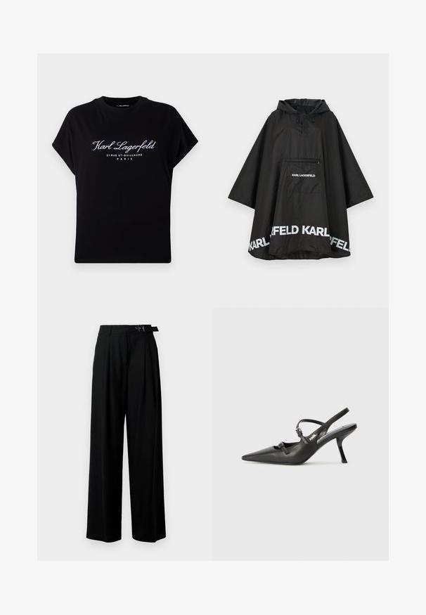 Fekete vízálló poncsó kapucnival, elülső zsebbel és fehér logó részletekkel az alján. Simább, könnyű anyag.; Fekete, oversized pamut póló. Rövid ujjú és kerek nyakkivágású. Elülső része fehér szöveget tartalmaz: "Karl Lagerfeld 21 RUE ST-GUILLAUME PARIS."; Fekete, bő szárú nadrág magas derékkal, elöl pliszírozva, és csattal ellátott övvel. Simább, könnyű anyagból készült.; Fekete bőrszíjjal ellátott magassarkú cipő, hegyes orral, karcsú sarkával és díszes csattal a vamp részén. Simás textúra és elegáns dizájn.