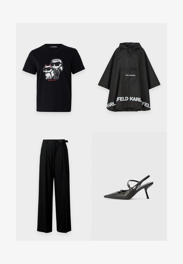 Svart vanntett poncho med hette, med en frontlomme og hvit logo detaljering langs kanten. Glatt, lett materiale.; Svart bomull t-skjorte med grafisk trykk av en karakter og en katt, begge iført solbriller, med rød tekst under.; Svarte vide bukser med høy livlinje, folder foran og belte med spenne. Laget av glatt, lett materiale.; Sorte skinn slingback-hæler med spiss tå, slank hæl og dekorativ spenne detalj på vampsiden. Glatt tekstur og stilrent design.