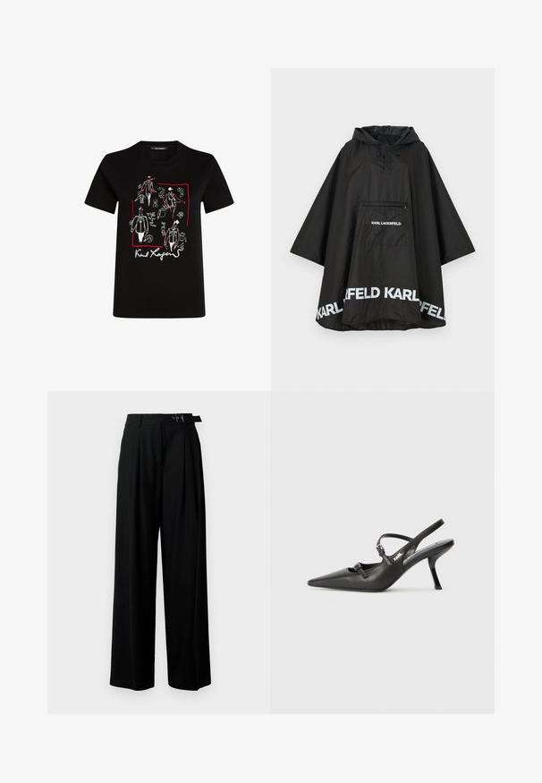 Čierny nepremokavý plášť s kapucňou, vybavený prednou vreckom a bielym logom pozdĺž lemu. Hladký, ľahký materiál.; Čierne bavlnené tričko s módnymi ilustráciami v bielej a červenej farbe, s podpisom na spodnej strane. Štandardný okrúhly výstrih a krátke rukávy.; Čierne široké nohavice s vysokým pásom, skladmi vpredu a opaskom s prackou. Vyrobené z hladkej, ľahkej textílie.; Čierne kožené slingback topánky na vysokom podpätku s ostrou špicou, štíhlym podpätkom a dekoratívnym detailom s prackou na priehlavku. Hladká textúra a elegantný dizajn.