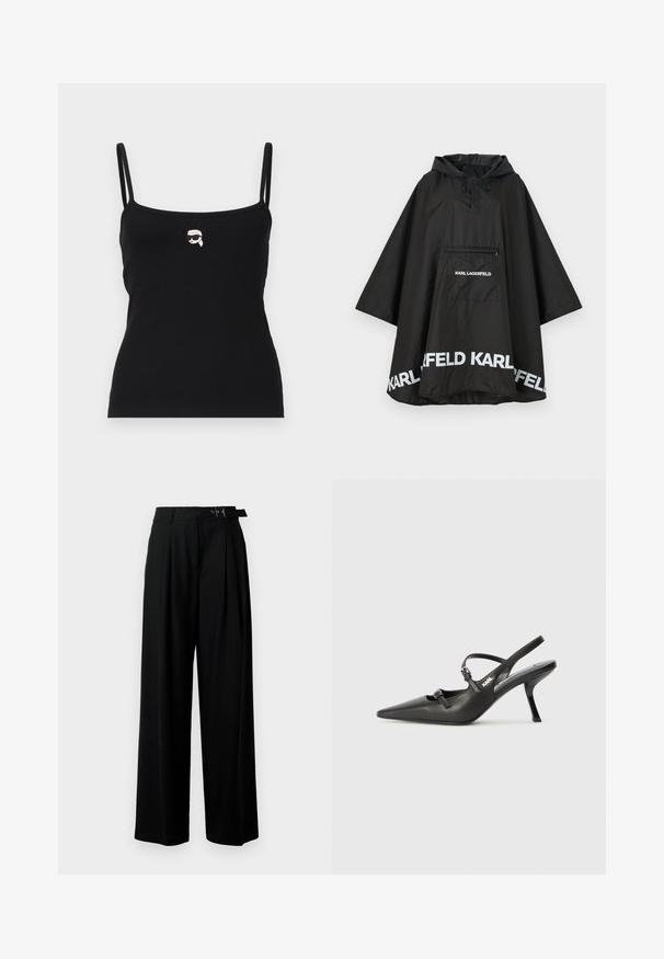 Svart vattentät poncho med huva, som har en framficka och vit logotypdetalj längs nederkanten. Slätt, lätt material.; Svart ribbad linne med tunna axelremmar, som har en liten vit grafik av en karaktär med solglasögon framtill.; Svarta byxor med vida ben och hög midja, med veck framtill och ett bälte med spänne. Tillverkade av ett mjukt, lätt tyg.; Svarta läderklackar med slingback, spetsig tå, smal klack och dekorativ spänndetalj på ovansidan. Slät struktur och stilren design.