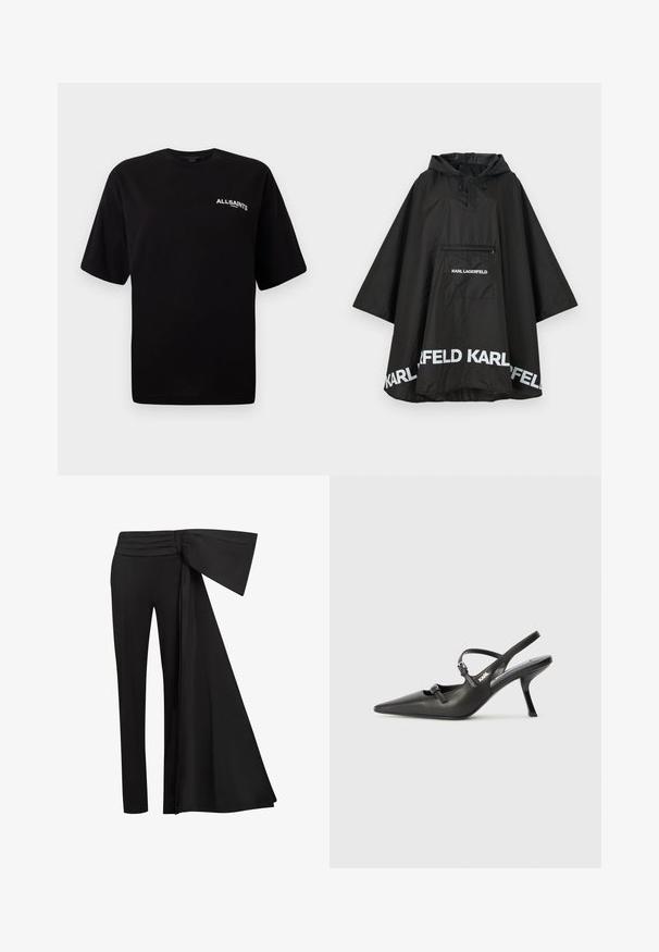 Poncho negro impermeable con capucha, con un bolsillo frontal y detalles del logo en blanco a lo largo del dobladillo. Material suave y ligero.; Camiseta de algodón negra con cuello redondo, mangas cortas y un pequeño logotipo blanco de "ALLSAINTS" en el lado izquierdo del pecho. Textura suave, ajuste relajado.; Pantalones negros con un ancho detalle de cinta drapeada en la cintura. Tejido suave, corte recto de pierna y cinturilla plisada.; Tacones slingback de cuero negro con punta afilada, tacón delgado y detalle decorativo de hebilla en la parte superior. Textura suave y diseño elegante.