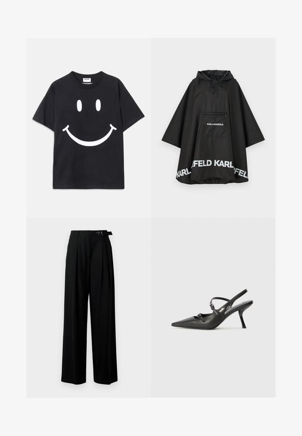 Sort vandtæt poncho med hætte, der har en frontlomme og hvidt logo-detalje langs kanten. Glat, letvægtsmateriale.; Sort t-shirt med korte ærmer lavet af bomuld, der har et stort hvidt smiley-ansigt grafisk design på forsiden. Klassisk rund halsudskæring.; Sort vide-bein bukser med høj talje, læg foran og et bælte med spænde. Fremstillet af glat, let materiale.; Sorte læder slingback hæle med spids tå, slank hæl og dekorativ spænde detalje på vampen. Glat tekstur og strømlinet design.