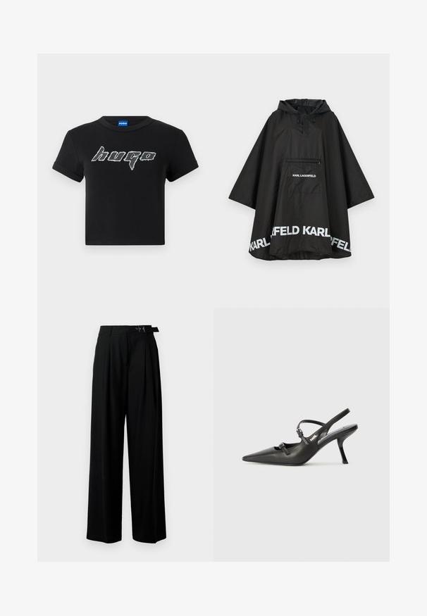 Black waterproof poncho with a hood, featuring a front pocket and white logo detailing along the hem. Smooth, lightweight material.; Black cropped t-shirt made of cotton, featuring a large, stylized white "hugo" logo in a graphic font. Short sleeves and round neckline.; Black wide-leg trousers with a high waist, pleats at the front, and a belt featuring a buckle. Made from smooth, lightweight fabric.; Black leather slingback heels with a pointed toe, slender heel, and decorative buckle detail on the vamp. Smooth texture and sleek design.