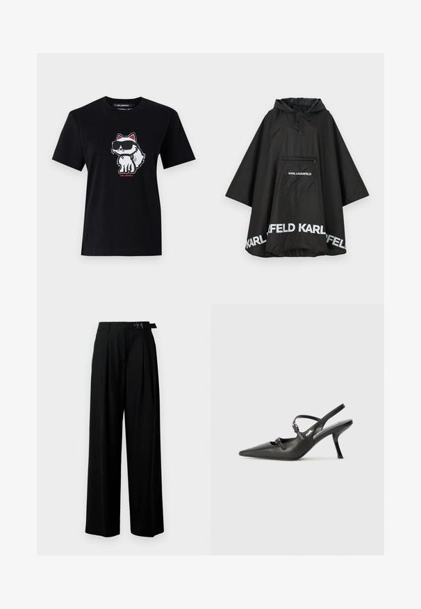 Musta vedenpitävä poncho hupulla, jossa on etutasku ja valkoista logoa helmassa. Sujuva, kevyt materiaali.; Mustat puuvillapaidat, joissa on piirretty kettu aurinkolaseissa, valkoisella ääriviivalla punaisilla yksityiskohdilla, keskeisesti edessä. Lyhyet hihat ja pyöreä pääntie.; Mustat leveät housut korkealla vyötäröllä, etuosassa laskokset ja soljellinen vyö. Valmistettu sileästä ja kevyestä kankaasta.; Mustat nahkaiset slingback-korkokengät, joissa on terävä kärki, hoikka korko ja koristeellinen solkityyny varpailla. Tasainen pinta ja tyylikäs muotoilu.