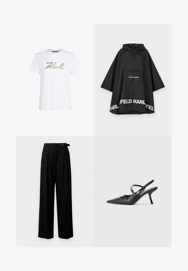 Schwarzer wasserdichter Poncho mit Kapuze, ausgestattet mit einer Fronttasche und weißen Logodetails am Saum. Glattes, leichtes Material.; Weißes Baumwoll-T-Shirt mit der Aufschrift "Karl" in grüner und rosa Paillettenschrift. Kurze Ärmel und Rundhalsausschnitt. Sauberes, einfaches Design.; Schwarze weit geschnittene Hosen mit hoher Taille, Falten an der Vorderseite und einem Gürtel mit Schnalle. Hergestellt aus glattem, leichtem Stoff.; Schwarzlederne Slingback-Absätze mit spitzer Zehenform, schlankem Absatz und dekorativem Schnallendetail auf dem Blatt. Glatte Textur und elegantes Design.