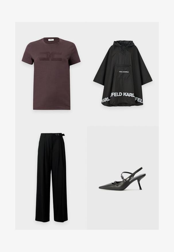 Černý voděodolný pončoš s kapucí, obsahující přední kapsu a bílé logo na lemu. Hladký, lehký materiál.; Tmavě fialové bavlněné tričko s krátkým rukávem, s texturovaným designem loga ve středu. Kulatý výstřih a měkká látka.; Černé široké kalhoty s vysokým pasem, záhyby vpředu a páskem s přezkou. Vyrobené z hladké, lehké tkaniny.; Černé kožené lodičky na boku s špičatou špičkou, štíhlým podpatkem a dekorativní přezkou na nártu. Hladká textura a elegantní design.