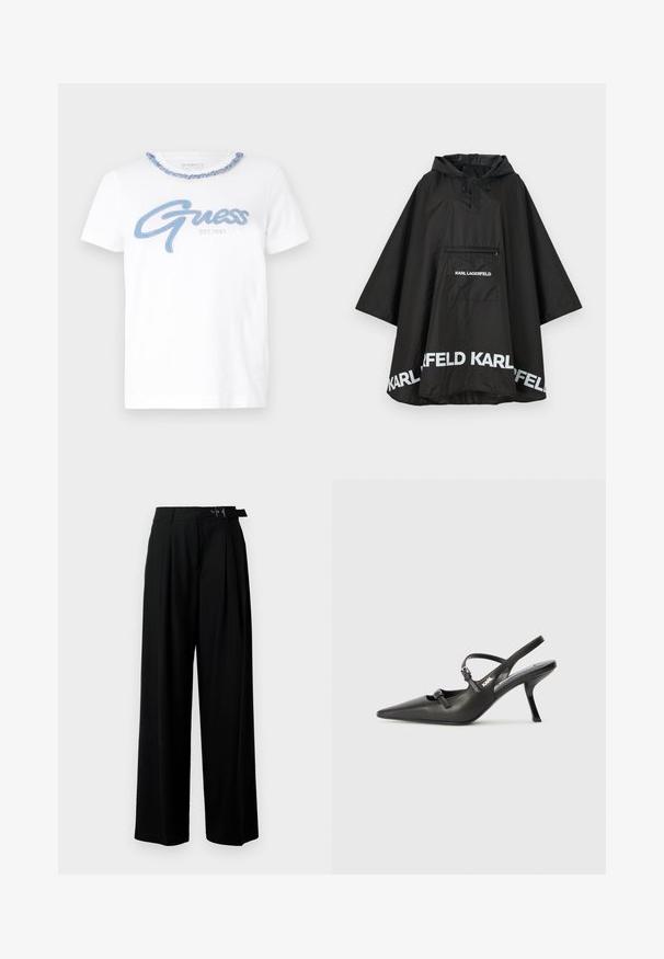Zwarte waterdichte poncho met capuchon, voorzien van een voorzak en witte logodetails langs de zoom. Gladde, lichte stof.; Witte katoenen t-shirt met een blauw "Guess" logo en decoratieve stiksels. Ronde halslijn met een gevlochten blauwe accent. Korte mouwen.; Zwarte wijde broek met hoge taille, plooien aan de voorkant en een riem met een gesp. Gemaakt van glad, lichtgewicht stof.; Zwarte leren slingback hakken met een spitse neus, slanke hak en decoratieve gespdetails op de bovenkant. Gladde textuur en een strakke uitstraling.
