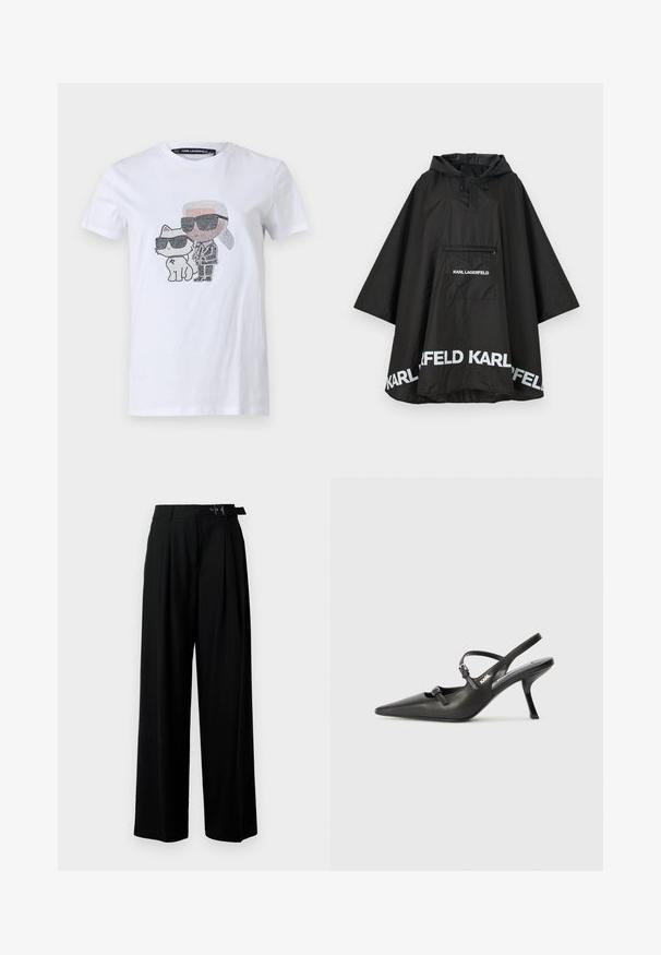 Svart vanntett poncho med hette, med en frontlomme og hvit logo detaljering langs kanten. Glatt, lett materiale.; Hvit bomulls T-skjorte med grafisk design som viser en karakter og en katt med solbriller, akkompagnert av svarte og grå detaljer.; Svarte vide bukser med høy livlinje, folder foran og belte med spenne. Laget av glatt, lett materiale.; Sorte skinn slingback-hæler med spiss tå, slank hæl og dekorativ spenne detalj på vampsiden. Glatt tekstur og stilrent design.