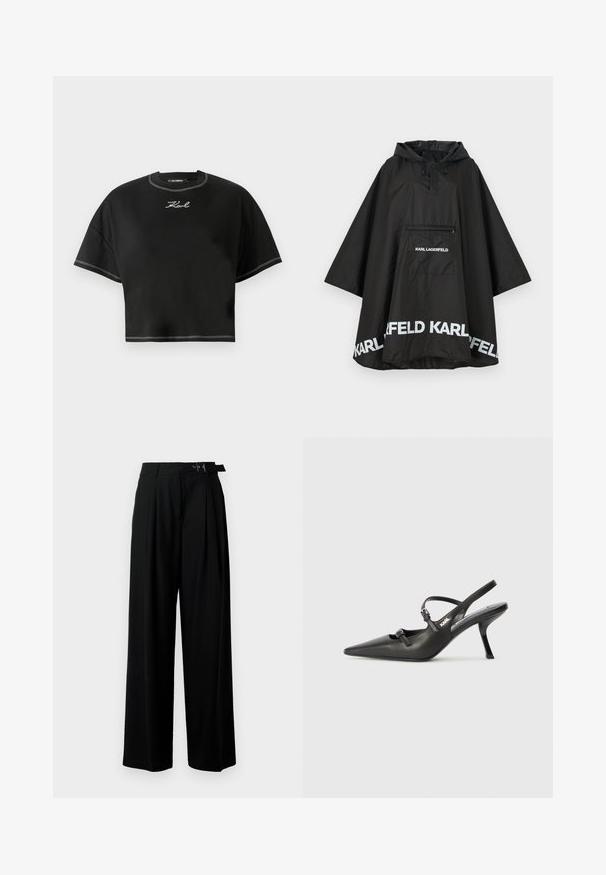 Musta vedenpitävä poncho hupulla, jossa on etutasku ja valkoista logoa helmassa. Sujuva, kevyt materiaali.; Mustat lyhyet t-paidat, jotka on valmistettu pehmeästä kankaasta. Ominaisuuksia ovat pyöreä pääntie, ylisuuria lyhyitä hihoja ja valkoista kontrastitikkauksia. Logo brodeerattu etuosaan.; Mustat leveät housut korkealla vyötäröllä, etuosassa laskokset ja soljellinen vyö. Valmistettu sileästä ja kevyestä kankaasta.; Mustat nahkaiset slingback-korkokengät, joissa on terävä kärki, hoikka korko ja koristeellinen solkityyny varpailla. Tasainen pinta ja tyylikäs muotoilu.