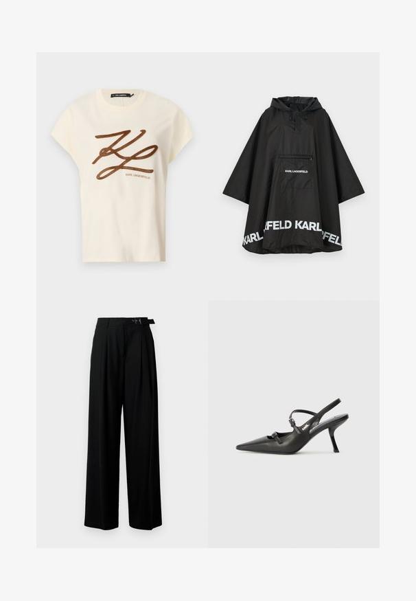 Black waterproof poncho with a hood, featuring a front pocket and white logo detailing along the hem. Smooth, lightweight material.; Cream-colored cotton t-shirt with short sleeves, featuring a brown embroidered logo and script design on the front.; Black wide-leg trousers with a high waist, pleats at the front, and a belt featuring a buckle. Made from smooth, lightweight fabric.; Black leather slingback heels with a pointed toe, slender heel, and decorative buckle detail on the vamp. Smooth texture and sleek design.