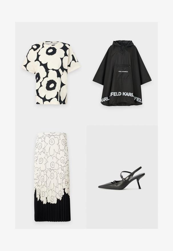 Czarny wodoodporny poncho z kapturem, z kieszenią z przodu i białymi detalami logo wzdłuż krawędzi. Gładki, lekki materiał.; T-shirt z krótkim rękawem w kremowym kolorze, z dużym czarnym wzorem kwiatowym, okrągłym dekoltem i luźnym krojem, wykonany z miękkiego materiału bawełnianego.; Spódnica w plisy z czarno-białym wzorem kwiatowym, z jasną górną częścią z kwiatami i jednolitym czarnym dolnym brzegiem.; Czarne skórzane sandały na obcasie typu slingback z wydłużonym noskiem, smukłym obcasem i ozdobnym zapięciem na cholewce. Gładka tekstura i elegancka forma.