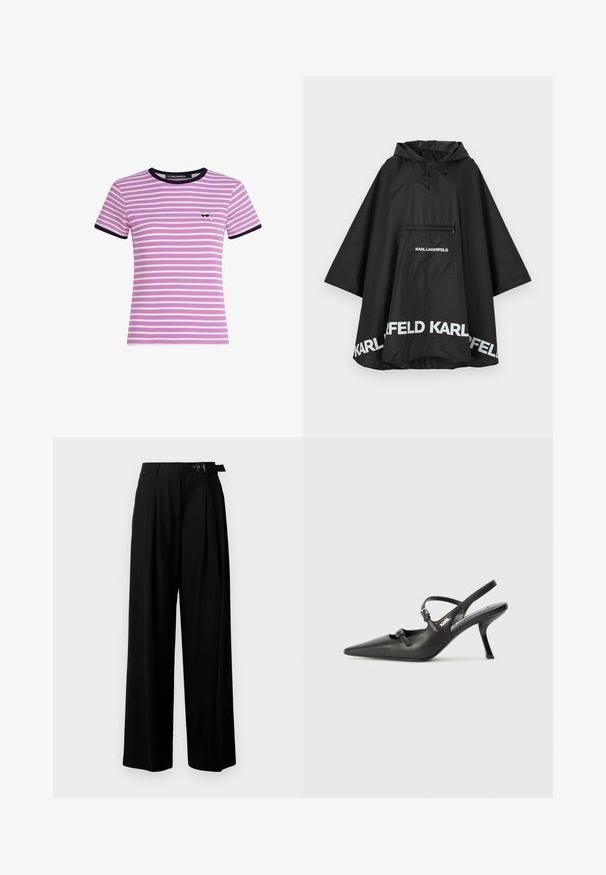 Musta vedenpitävä poncho hupulla, jossa on etutasku ja valkoista logoa helmassa. Sujuva, kevyt materiaali.; Lyhythihainen, ribattua t-paitaa vaaleanpunaisena valkoisilla raidoilla, jossa on musta kuppikaulus ja hihojen reuna. Rinnassa on pieni graafinen yksityiskohta.; Mustat leveät housut korkealla vyötäröllä, etuosassa laskokset ja soljellinen vyö. Valmistettu sileästä ja kevyestä kankaasta.; Mustat nahkaiset slingback-korkokengät, joissa on terävä kärki, hoikka korko ja koristeellinen solkityyny varpailla. Tasainen pinta ja tyylikäs muotoilu.