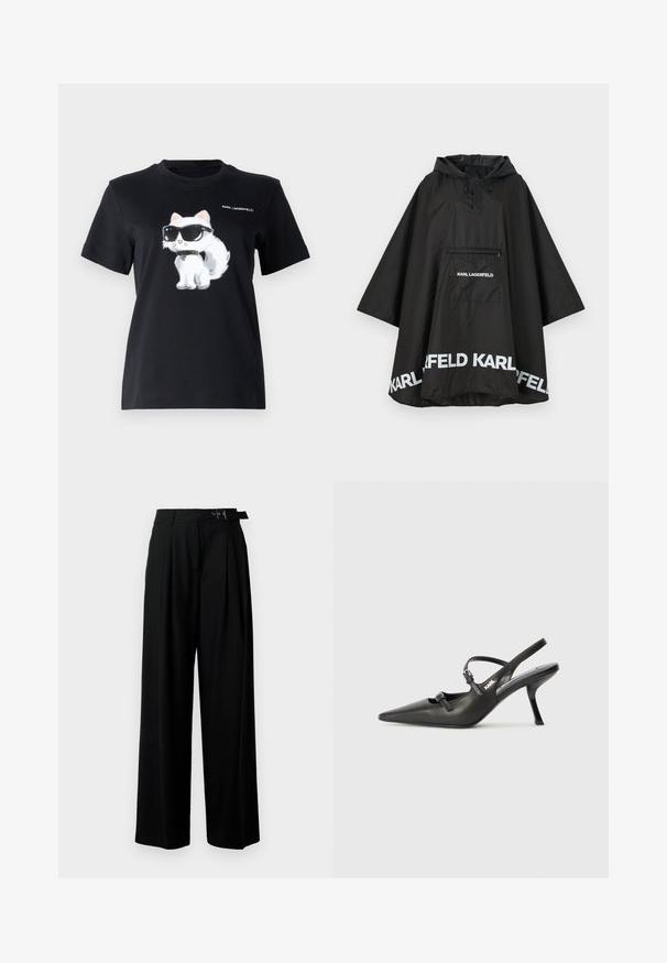 Must mustes ponšo koos kapuutsi ja esikotiga, millel on valge logo detailid äärisel. Sile ja kerge materjal.; Must hakkide särk, millel on valge kass prillides. Kujundusel on peened detailid ja tekst "KARL LAGERFELD."; Mustad kõrge vöökohaga mustad laiad püksid, millel on ees voldid ja vöö, millel on pandla. Valmistatud siledast ja kergest kangast.; Must musta slingback kontsad, terava nina, peenike konts ja dekoratiivne pandla detail peal. Sile tekstuur ja stiilne disain.