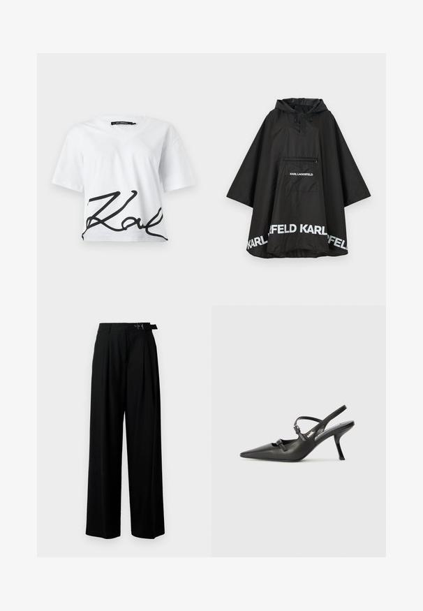 Poncho negro impermeable con capucha, con un bolsillo frontal y detalles del logo en blanco a lo largo del dobladillo. Material suave y ligero.; Camiseta blanca recortada con escote en V y mangas cortas. Presenta un gran logotipo cursivo negro en la parte inferior delantera. Está hecha de algodón.; Pantalones de pierna ancha negros con cintura alta, pliegues en la parte delantera y un cinturón con hebilla. Confeccionados con una tela suave y liviana.; Tacones slingback de cuero negro con punta afilada, tacón delgado y detalle decorativo de hebilla en la parte superior. Textura suave y diseño elegante.