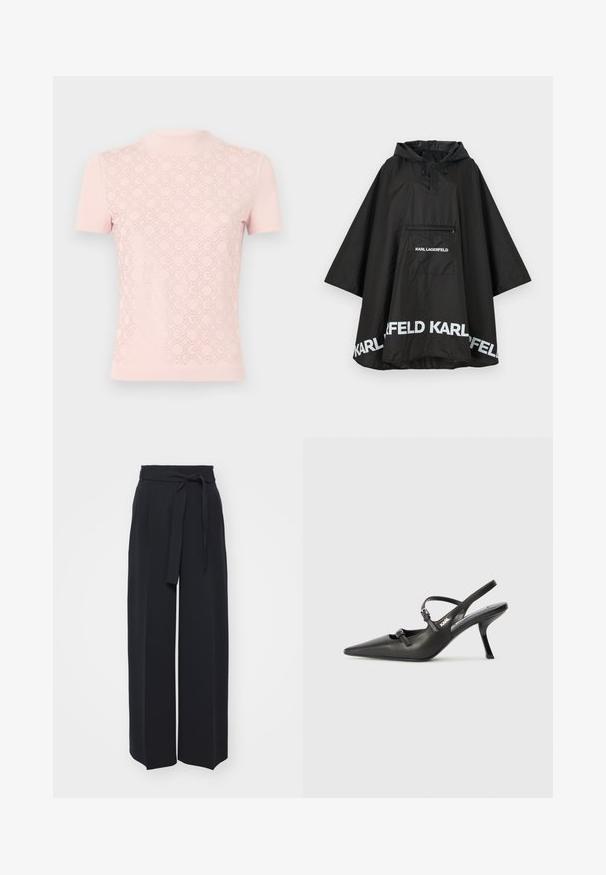 Black waterproof poncho with a hood, featuring a front pocket and white logo detailing along the hem. Smooth, lightweight material.; Light pink short-sleeve top with a high collar, featuring a geometric lace-like pattern across the front and smooth fabric on the sleeves.; Wide-leg black trousers made of soft fabric. Features a belted waistband and front pleats. Smooth texture with a clean, contemporary design.; Black leather slingback heels with a pointed toe, slender heel, and decorative buckle detail on the vamp. Smooth texture and sleek design.