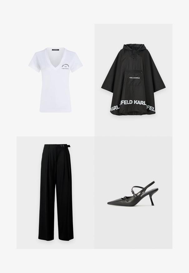 Melnā ūdensizturīgā pončo ar kapuci, ar priekšējo kabatu un baltu logo detalizāciju ap apakšmali. Gluda, viegla materiāla.; Balts kokvilnas T-krekls ar V veida kaklu, īsām piedurknēm un melniem drukātiem logotipa elementiem uz kreisās krūtis un apakšējās muguras.; Melni plaši bikses ar augsto jostasvītru, priekšā ar krokojiem un jostu ar sprādzi. Izgatavotas no gludas, vieglas auduma.; Melnas ādas slingback papēži ar norādītu purngalu, izsmalcinātu papēdi un dekoratīvu sprādzi uz priekšpuses. Gluda tekstūra un elegants dizains.