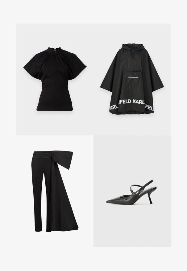 Černý voděodolný pončoš s kapucí, obsahující přední kapsu a bílé logo na lemu. Hladký, lehký materiál.; Černý top s krátkým rukávem a vysokým výstřihem. Má řasené detaily na ramenou a přiléhavé tělo, vyrobené z hladké tkaniny.; Černý zkrácený top s vysokým límcem, s vertikálními stříbrnými flitry, průhlednými rukávy a texturovanou tkaninou.; Černé kalhoty s širokým, splývavým páskem v oblasti pasu. Hladká látka, rovný střih nohavic a plisovaný pas.; Černé kožené lodičky na boku s špičatou špičkou, štíhlým podpatkem a dekorativní přezkou na nártu. Hladká textura a elegantní design.