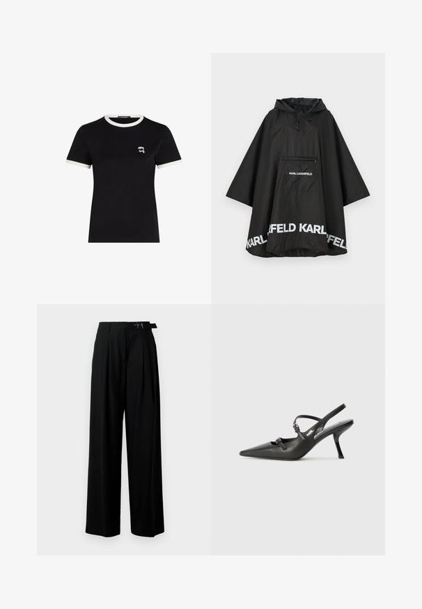 Svart vanntett poncho med hette, med en frontlomme og hvit logo detaljering langs kanten. Glatt, lett materiale.; Svart kortermet T-skjorte laget av bomull, med en kontrasterende hvit ribbestrikket halsringning og et lite brodert design på brystet.; Svarte vide bukser med høy livlinje, folder foran og belte med spenne. Laget av glatt, lett materiale.; Sorte skinn slingback-hæler med spiss tå, slank hæl og dekorativ spenne detalj på vampsiden. Glatt tekstur og stilrent design.