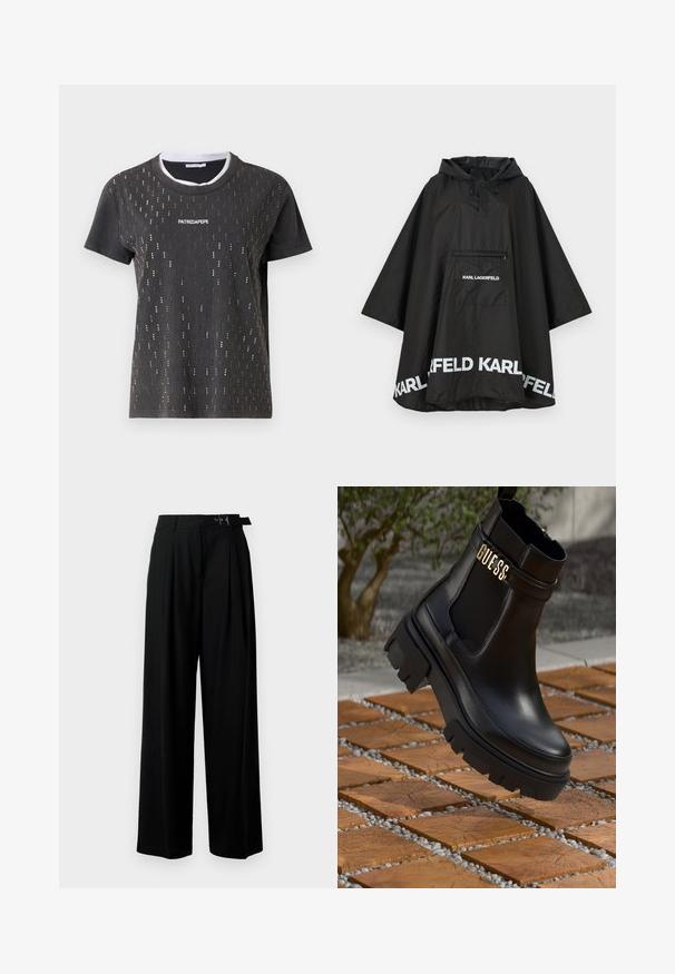 Poncho negru, impermeabil, cu glugă, având o buzunar frontal și detalii cu logo alb pe margine. Material ușor și neted.; Tricou gri închis cu decolteu rotund, având accente metalice aurii într-un model vertical. Logo-ul "PATRIZIAPEPE" este afișat central.; Pantaloni negri cu croi larg, talie înaltă, pliuri în față și un b μέρος cu cataramă. Confecționați dintr-un material neted și ușor.; Botine negre din piele, cu o talpă groasă din cauciuc, panouri laterale elastice și un accent auriu cu brandingul "GUESS".