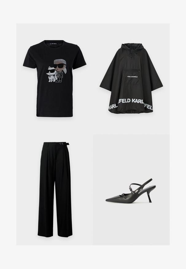 Musta vedenpitävä poncho hupulla, jossa on etutasku ja valkoista logoa helmassa. Sujuva, kevyt materiaali.; Musta puuvillapaita, jossa on strassilla koristeltu kuva henkilöstä ja valkoisesta kissasta, molemmilla aurinkolasit. Pyöreä kaula-aukko ja lyhyet hihat.; Mustat leveät housut korkealla vyötäröllä, etuosassa laskokset ja soljellinen vyö. Valmistettu sileästä ja kevyestä kankaasta.; Mustat nahkaiset slingback-korkokengät, joissa on terävä kärki, hoikka korko ja koristeellinen solkityyny varpailla. Tasainen pinta ja tyylikäs muotoilu.