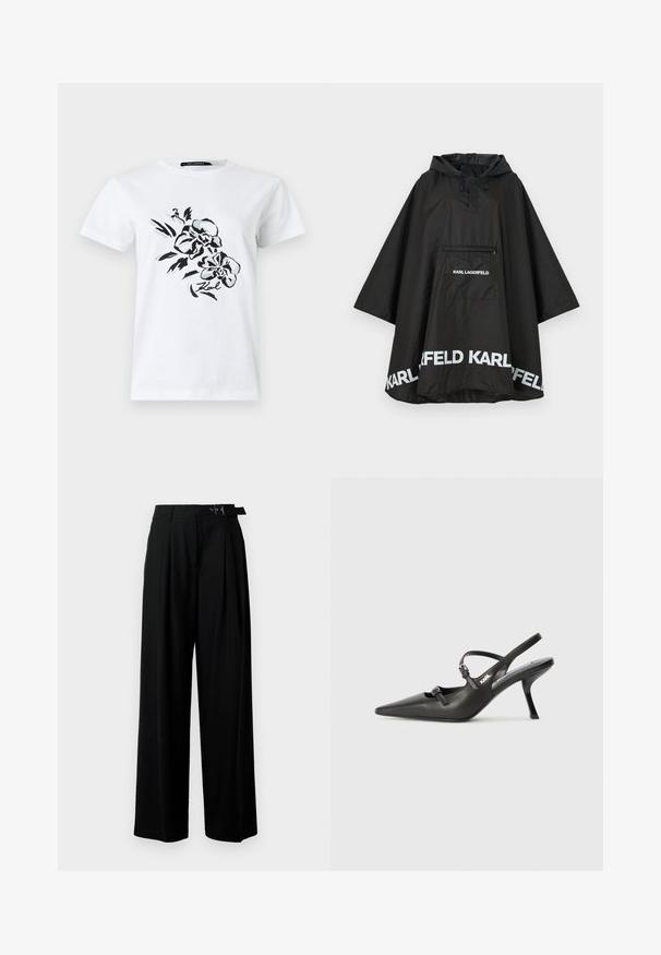 Melnā ūdensizturīgā pončo ar kapuci, ar priekšējo kabatu un baltu logo detalizāciju ap apakšmali. Gluda, viegla materiāla.; Balta kokvilnas T-kreklu ar melnu ziedu dizainu priekšpusē. Apaļais kakls, īsās piedurknes, brīva piegriezuma. Zīmola nosaukums "Karl" iestrādāts dizainā.; Melni plaši bikses ar augsto jostasvītru, priekšā ar krokojiem un jostu ar sprādzi. Izgatavotas no gludas, vieglas auduma.; Melnas ādas slingback papēži ar norādītu purngalu, izsmalcinātu papēdi un dekoratīvu sprādzi uz priekšpuses. Gluda tekstūra un elegants dizains.