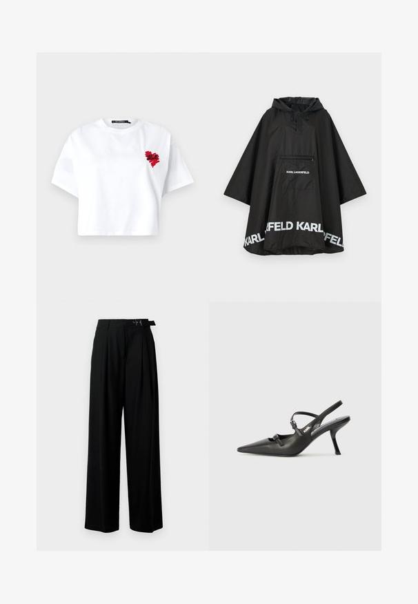 Černý voděodolný pončoš s kapucí, obsahující přední kapsu a bílé logo na lemu. Hladký, lehký materiál.; Bílý zkrácený tričko z bavlny s červeným vyšitým srdcem na levé straně. Krátké rukávy a kulatý výstřih.; Černé široké kalhoty s vysokým pasem, záhyby vpředu a páskem s přezkou. Vyrobené z hladké, lehké tkaniny.; Černé kožené lodičky na boku s špičatou špičkou, štíhlým podpatkem a dekorativní přezkou na nártu. Hladká textura a elegantní design.