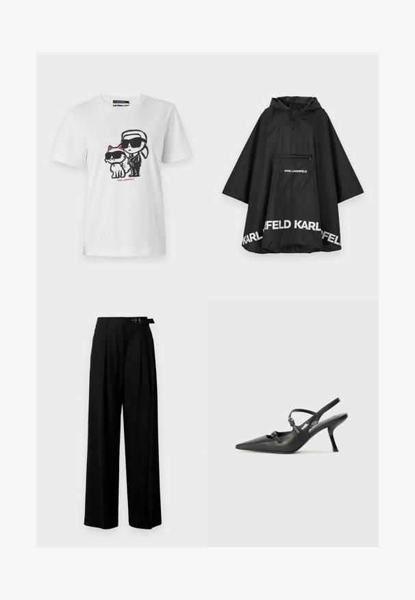 Čierny nepremokavý plášť s kapucňou, vybavený prednou vreckom a bielym logom pozdĺž lemu. Hladký, ľahký materiál.; Biely bavlnený tričko s grafikou postavy a mačky, obaja nosiaci slnečné okuliare. Dizajn obsahuje čierne obrysy a červené akcenty.; Čierne široké nohavice s vysokým pásom, skladmi vpredu a opaskom s prackou. Vyrobené z hladkej, ľahkej textílie.; Čierne kožené slingback topánky na vysokom podpätku s ostrou špicou, štíhlym podpätkom a dekoratívnym detailom s prackou na priehlavku. Hladká textúra a elegantný dizajn.