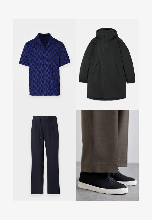 Czarny długi płaszcz wykonany z wodoodpornego materiału, z wysokim kołnierzem, zatrzaskami, dwoma bocznymi kieszeniami i luźnym krojem.; J.LINDEBERG TORPA  niebieski; Granatowe spodnie o prostym kroju, wykonane z teksturowanej tkaniny. Posiadają zapięcie na guzik z przodu oraz regulowany ściągacz w talii.; Czarne zamszowe sneakersy z białymi gumowymi podeszwami, z zaokrąglonym noskiem i sznurówkami, noszone z szarymi dopasowanymi spodniami.