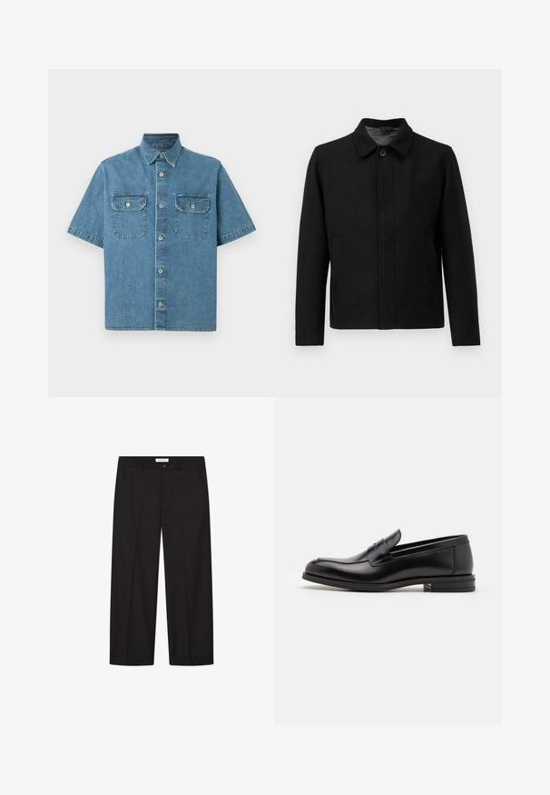 Čierna bunda s gombíkovým zapínaním, štruktúrovaným golierom, dvoma bočnými vreckami a textúrovanou tkaninou. Jednoduchý, rovný strih.; Filippa K SWEATER - Svetrík - black; Džínová košeľa s krátkym rukávom, svetlo modrá, s dvoma vreckami na hrudi s gombíkovým uzáverom, špicatým golierom a prednou gombíkovou légou.; Čierne široké nohavice vyrobené z hladkej tkaniny. Majú zapínanie na gombík a zips, dve predné vrecká a ostrý lem.; Čierne kožené mokasíny s hladkou textúrou, zaoblenou špičkou a dekoračným pásikom cez priehlavok. Nízky vrstvený opätok, minimalistický dizajn.