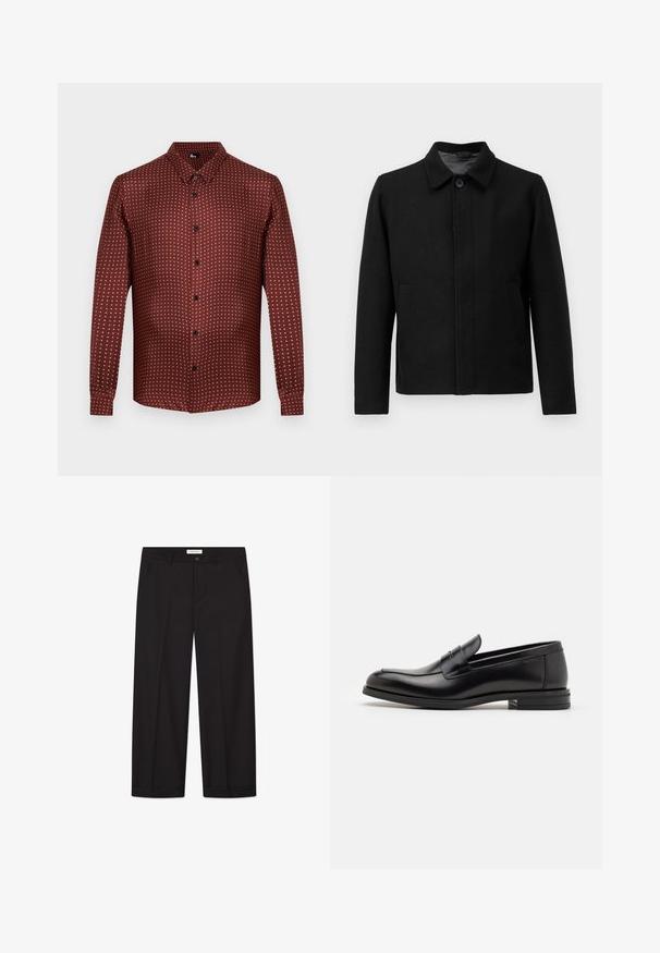 Juodas švarkas su mygtukų uždarymu, struktūrizuotu apykakle, dviem šoninėmis kišenėmis ir tekstūruota medžiaga. Paprastas, tiesus kirpimas.; Filippa K SWEATER - Džemperis - black; Tamsiai raudonas marškinėliai su tekstūruota medžiaga, turintis balti taškeliai. Ilgos rankovės ir tradicinis apykaklės dizainas.; Juodi plačios kelnės, pagamintos iš lygaus audinio. Įrengtas sagtys ir užtrauktukas, dvi priekinės kišenės ir aštrus kraštas.; Juodos odinės loafers, turinčios lygų paviršių, apvalią noselę ir dekoratyvinę juostą per priekinę dalį. Žemas krentantis kulnas, minimalistinis dizainas.