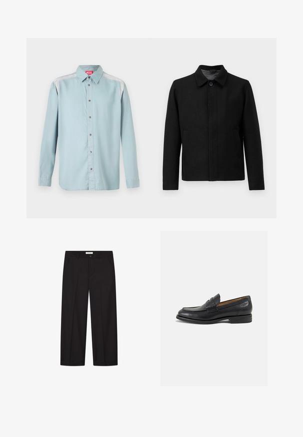 Melnā jaka ar pogu aizdari, strukturētu apkakli, divām sānu kabatām un teksturētu audumu. Vienkāršs, taisni griezuma dizains.; Filippa K SWEATER - Džemperis - black; Gaiši zils krekls ar normālu apkakli, ar sarkanu logotipa etiķeti, metāliskiem pogām un gludu auduma tekstūru.; Vienkārša balta īsām piedurknēm brīva T-krekls, izklāts uz gaiši pelēka fona.; Melnas platās bikses, izgatavotas no gludas auduma. Ar pogu un rāvējslēdzēju, divām priekšējām kabatām un asu malu apdari.; Melnas ādas loafers ar gludu apdari, noapaļotu purngalu un dekoratīvām šuvēm uz virsu. Zems, sakrauta papēža un neliels spīdums.