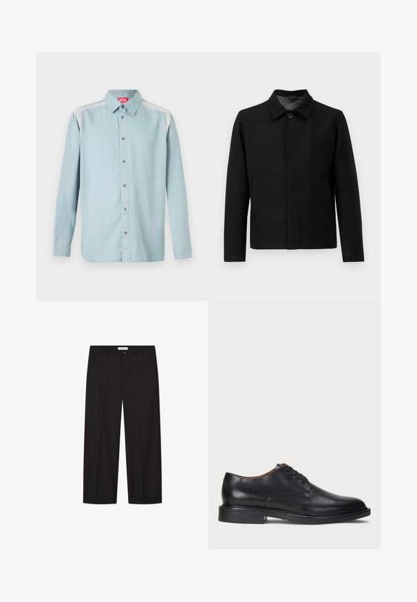 Chaqueta negra con cierre de botón, cuello estructurado, dos bolsillos laterales y tela texturizada. Diseño sencillo y de corte recto.; Filippa K SWEATER - Jersey de punto - black; Camisa de botones azul claro con cuello estándar, que presenta una etiqueta de logo roja, botones metálicos y una textura de tela suave.; Camiseta blanca de manga corta, de corte relajado, dispuesta sobre un fondo gris claro.; Pantalones de pierna ancha negros, confeccionados con una tela suave. Cuentan con cierre de botón y cremallera, dos bolsillos delanteros y un acabado de dobladillo nítido.; Zapato de vestir de cuero negro con punta redonda, diseño con cordones y un tacón bajo apilado. Textura lisa con detalles de costura mínimos.