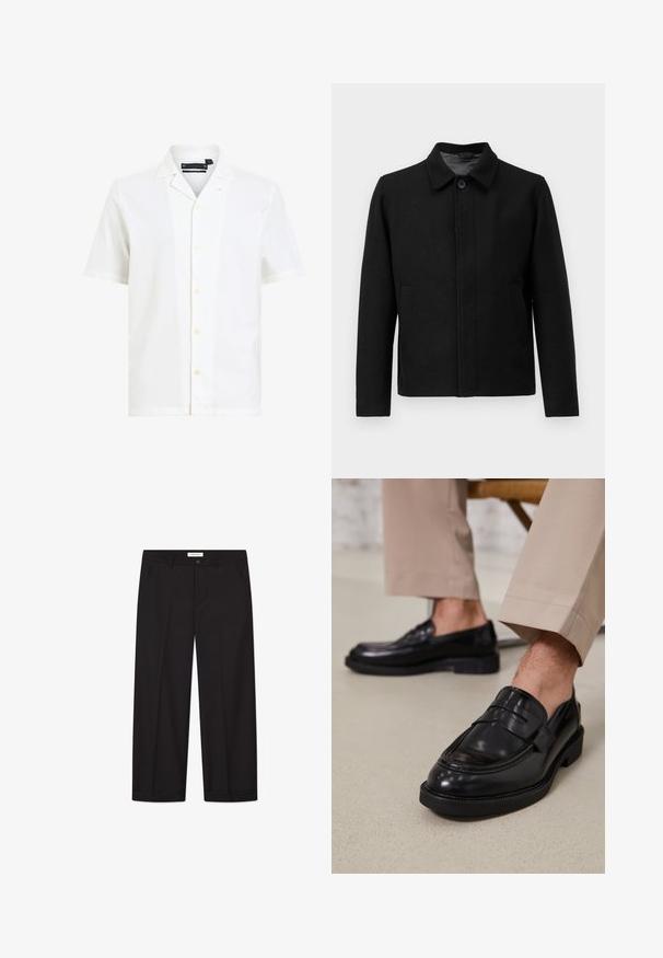 Veste noire avec une fermeture à boutons, col structuré, deux poches latérales et tissu texturé. Design simple et droit.; Filippa K SWEATER - Pullover - black; Chemise blanche à manches courtes en tissu doux, avec un col à revers, six boutons sur le devant et une coupe décontractée.; Pantalons larges noirs en tissu lisse. Comprend une fermeture avec bouton et zip, deux poches avant et une finition ourlée nette.; Mocassins en cuir noir avec une finition lisse, ornés d'une sangle décorative et de coutures contrastées, associés à un pantalon beige.