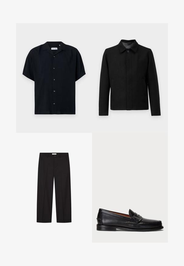 Črna jakna z gumbom, strukturiranim ovratnikom, dvema stranskima žepoma in teksturirano tkanino. Preprost, ravno krojen dizajn.; Filippa K SWEATER - Pulover - black; Črna majica s kratkimi rokavi iz lahkega materiala, z ovratnikom, zapiranjem na gumb in sproščenim krojem. Enostaven, enobarven dizajn brez vzorcev.; Ravna bela kratka majica s kratkimi rokavi in ohlapnim krojem, položena na svetlo sivi podlagi.; Črne široke hlače iz gladkega blaga. Imajo gumb in zadrgo, dva sprednja žepa in eleganten zaključek robov.; Črne usnjene loafers čevlje z zaobljenim prstom, šivanimi detajli in okrasnim trakcem spredaj. Ravna podplat z minimalnim profilom.