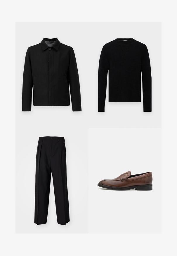 Must mustaga klappide ja struktureeritud kraega, kahe küljetaskuga ja tekstureeritud kangaga. Lihtne, sirge lõikega disain.; Filippa K SWEATER - Džemper - black; Lame valge lühikeste varrukatega vabalt lõigatud T-särk, millel on helehall taust.; Mustad volditud püksid sirge ja laia säärega disainiga. Valmistatud siledast kangast, millel on nuppudega sulgemine ja vööaasad.; Pruunid nahast loafersid sileda viimistlusega, ümaral ninaosaga ja dekoratiivse õmbluse aksendiga ees. Must kummist tald.