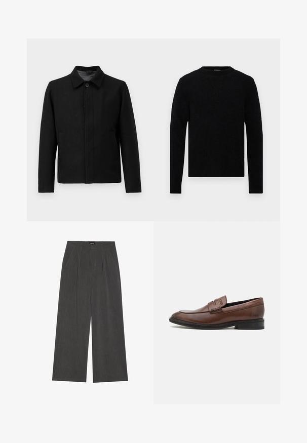 Musta takki nappisuljennolla, jämäkkä kaulus, kaksi sivutaskua ja teksturoitu kangas. Yksinkertainen, suora leikkaus.; Filippa K SWEATER - Neule - black; Litte valkoiset lyhythihainen rento T-paita asetettuna tasaiseksi vaaleanharmaata taustaa vasten.; Rento-hameet tummanharmaasta kankaasta, jossa on pleidatut etuosat, kaksi sivutaskua ja litteä vyötärö. Sujuva rakenne ja räätälöity muotoilu.; Ruskea nahkakenkä, jossa on sileä pinta, pyöreä kärki ja koristeellinen ommelkoristelu edessä. Musta kumipohja.