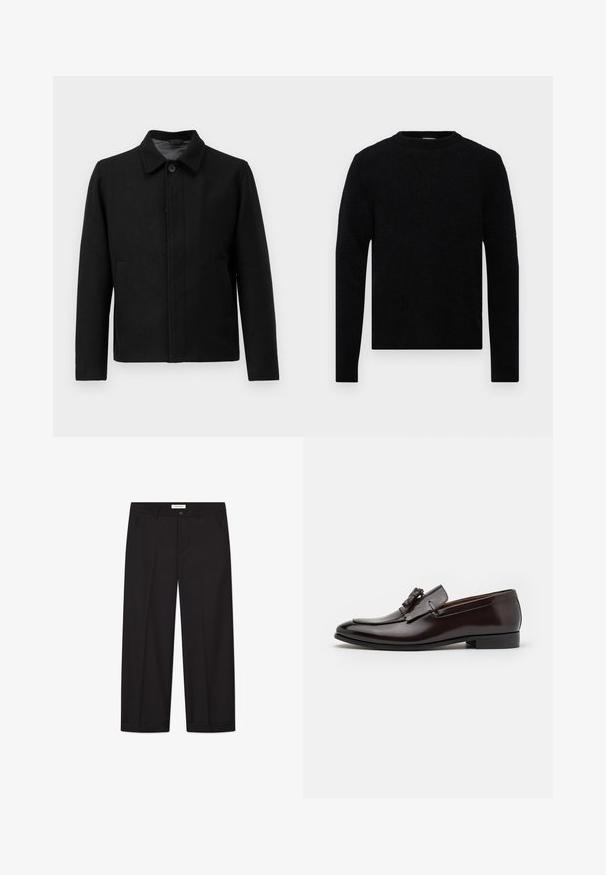 Melnā jaka ar pogu aizdari, strukturētu apkakli, divām sānu kabatām un teksturētu audumu. Vienkāršs, taisni griezuma dizains.; Filippa K SWEATER - Džemperis - black; Vienkārša balta īsām piedurknēm brīva T-krekls, izklāts uz gaiši pelēka fona.; Melnas platās bikses, izgatavotas no gludas auduma. Ar pogu un rāvējslēdzēju, divām priekšējām kabatām un asu malu apdari.; Brūni ādas mokasīni ar spīdīgu apdari, ar dekoratīvu pušķi un noapaļotu purngalu. Plaša gumijas zole nodrošina atbalstu.