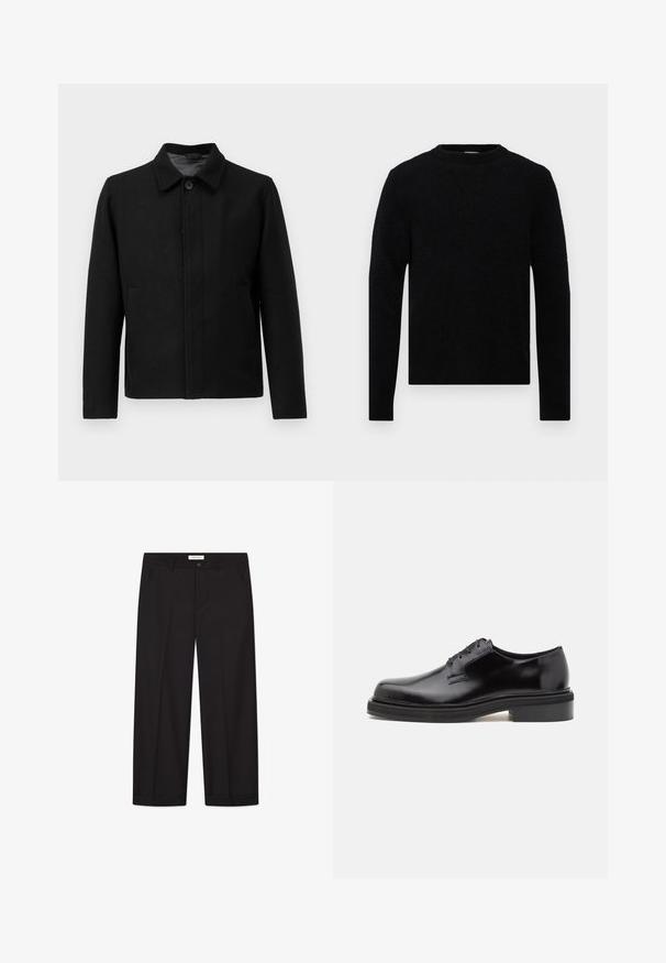 Black jacket with a button closure, structured collar, two side pockets, and textured fabric. Simple, straight-cut design.; Filippa K SWEATER - Jumper - black; Plain white short-sleeve relaxed-fit T-shirt laid flat on light gray background.; Black wide-leg trousers made of smooth fabric. Features a button and zipper closure, two front pockets, and a crisp hem finish.; J.LINDEBERG RYKER SQUARE TOE DERBY - Lace-ups - black