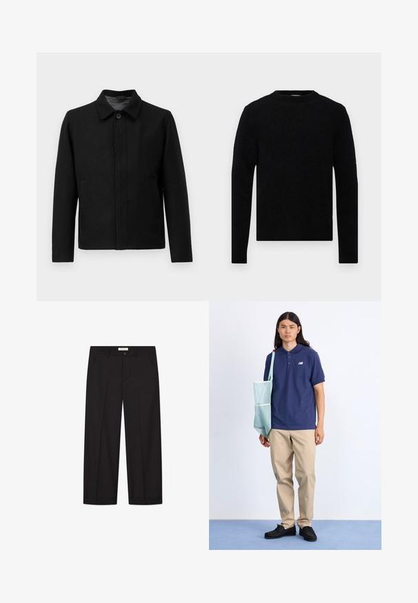 Schwarze Jacke mit Knopfverschluss, strukturiertem Kragen, zwei seitlichen Taschen und strukturiertem Stoff. Schlichtes, gerades Design.; Filippa K SWEATER - Strickpullover - black; Ein schlichter, weißer, kurzärmeliger T-Shirt im lässigen Schnitt liegt flach auf einem hellgrauen Hintergrund.; Schwarze Weite Hosen aus glattem Stoff. Besitzt einen Knopf- und Reißverschluss, zwei Fronttaschen und einen sauberen Saumabschluss.; Marineblaues Polo-Shirt mit kurzen Ärmeln, khakifarbene Hose und schwarze Schuhe; trägt eine hellblaue, Netz-Umhängetasche mit verstellbarem Tragegurt.